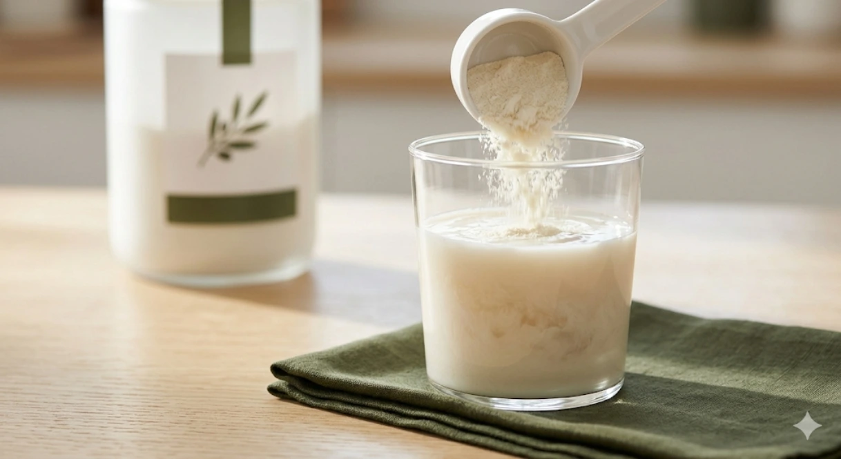 Preparo de suplemento de Whey Protein em copo de vidro com colher de medida, representando a suplementação nutricional técnica para idosos no Garden Ville.