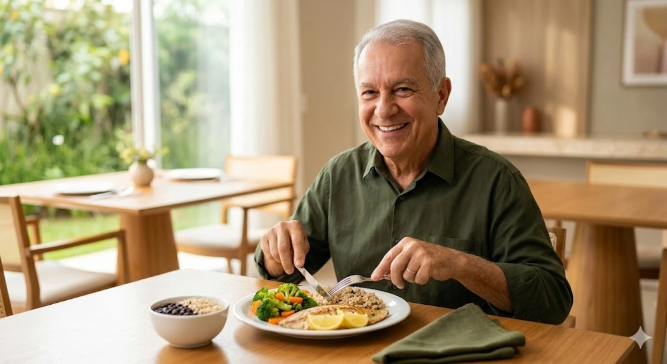 Idoso sorridente consumindo refeição balanceada e proteica no Residencial Garden Ville, focando na prevenção da sarcopenia