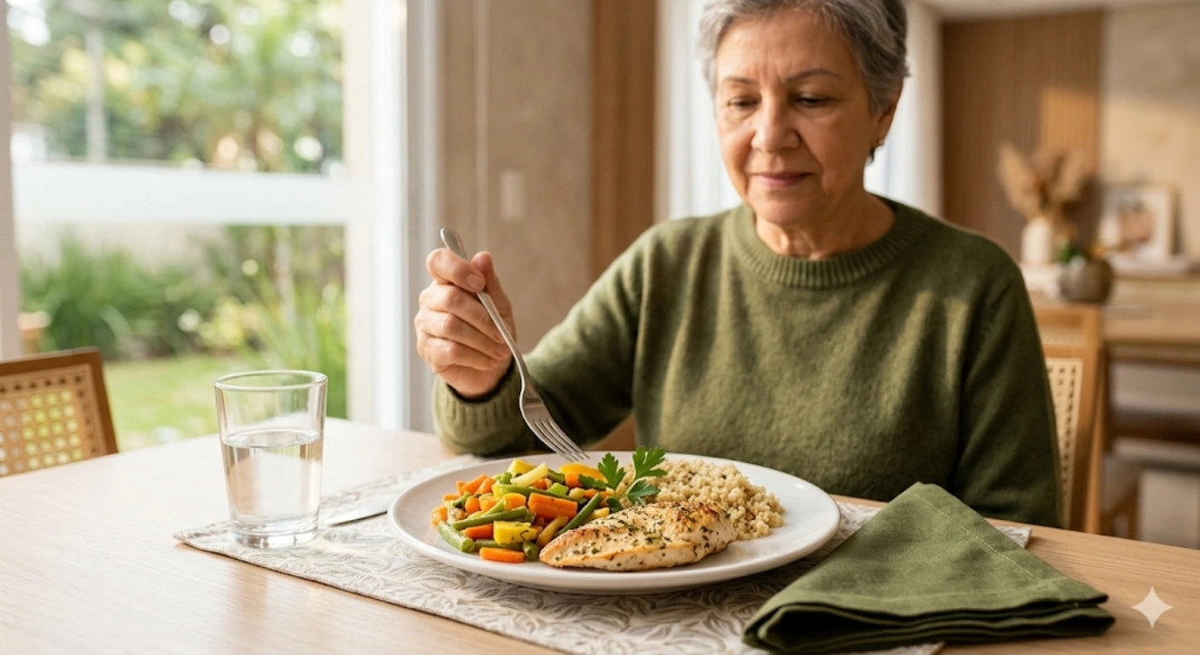 dosa brasileira em ambiente iluminado do Garden Ville, sentada à mesa com refeição colorida e equilibrada, combatendo a falta de apetite.
