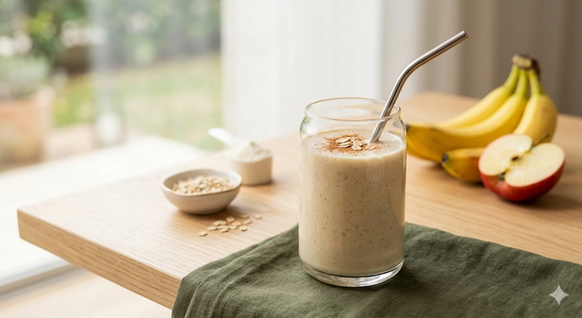 Vitamina proteica de banana e maçã com aveia em copo minimalista sobre guardanapo verde oliva, representando a nutrição prática do Garden Ville.